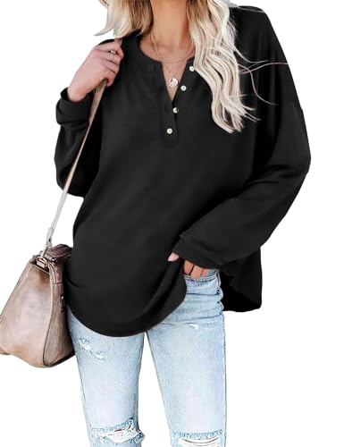 Amoretu Damen Blusen Mode Langarm Tunika Tops Casual V Ausschnitt Shirts Lose, Schwarz, X-Groß von Amoretu