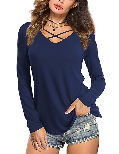 Amoretu Damen Criss Cross Langarm-Shirt Tops blusen Loose fit klein Marine von Amoretu
