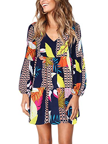 Amoretu Damen Freizeit Kleid V-Ausschnitt Casual Tunika Kleid elegant Blusenkleid Geometrie Grafik XXL von Amoretu