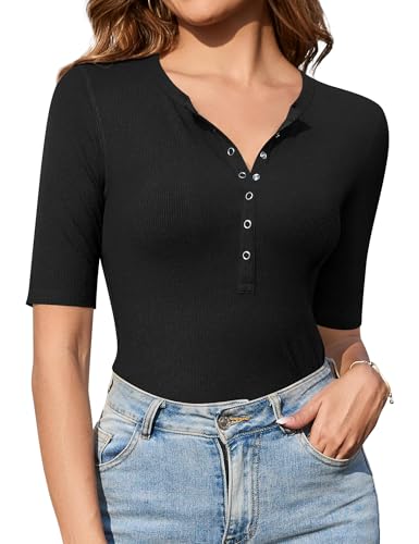 Amoretu Damen Henley Halbarm Tops Button Down Fitted Shirts, Schwarz, XX-Large von Amoretu