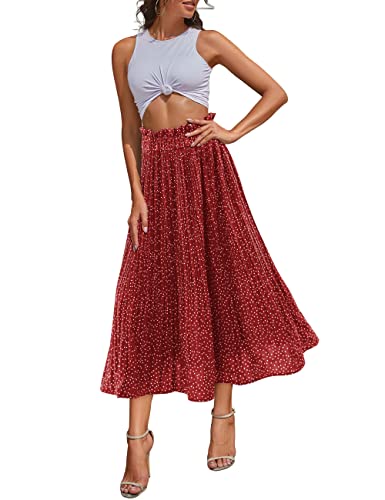 Amoretu Damen Hohe Taille Polka Dot Faltenrock A-Linie Midi Swing Rock mit Taschen, Rot/Ausflug, einfarbig (Getaway Solids), X-Groß von Amoretu