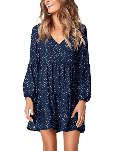 Amoretu Damen Kleid Langarm Tunika V-Ausschnitt Swing T-Shirt Kleider Polka Dot Dunkelblau XXL von Amoretu