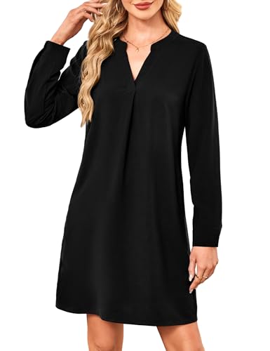 Amoretu Damen Kleid V Ausschnitt Blusenkleid Langarm Midikleid Lässiges Freizeitkleid Herbst (Schwarz, L) von Amoretu