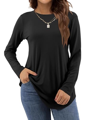 Amoretu Damen Langarm Tunika Tops Casual Rundhals Lose Shirts für Leggings, Schwarz, Medium von Amoretu