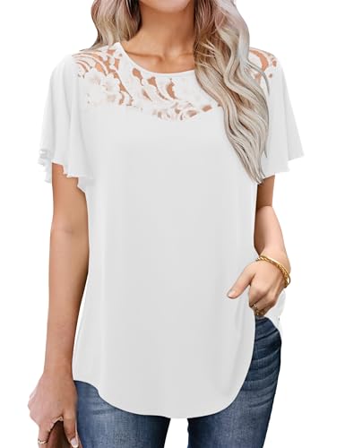 Amoretu Damen Oberteile Rüschen Kurzarm T-Shirt Lässig Shirt mit Geschwungener Saum Weiß S von Amoretu