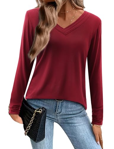 Amoretu Damen Tshirt Langarm Longshirt Elegantes Oberteil Blusen Tuniken Long Sleeve Shirt Women Weinrot XXL von Amoretu