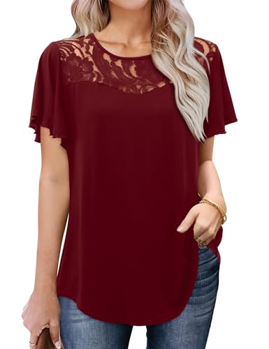 Amoretu Damen Tshirt Sommer Kurzarm Tunika Lose Rundhals Spitze Oberteile Weinrot M von Amoretu