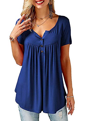 Amoretu Damen Tunika Kurzarm V Ausschnitt Knopfleiste Plissiert Henley Shirt Sommer Oberteile Blau L von Amoretu