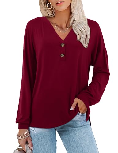 Amoretu Damen V-Ausschnitt Tops Herbst Lose Shirt Langarm Drop Shoudler Henley Pullover, Burgunder, Mittel von Amoretu