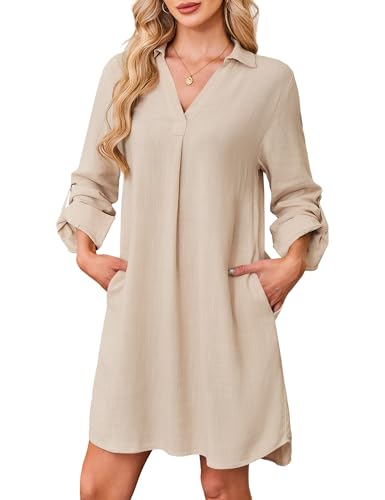 Amoretu Kleid Damen Langarm V Ausschnitt Hemdkleid Elegant Leinen Kleid mit Taschen (Beige, S) von Amoretu