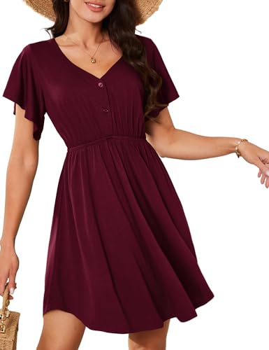Amoretu Kleid Lässig Sommer A-Line Leichtes Sommerkleid Damen Elegant Kleider Weinrot L von Amoretu