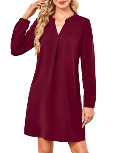 Amoretu Kleider Damen Langarm V Ausschnitt Knielang Hemdkleid Tunikakleid mit Taschen (Burgundy, M) von Amoretu