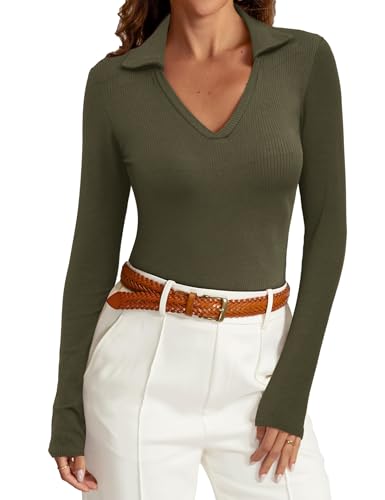 Amoretu Langarmshirt Damen Eng V Ausschnitt Tshirt Long Sleeve Shirt Women Blusen Tuniken Elegant Oberteile Armeegrün XL von Amoretu