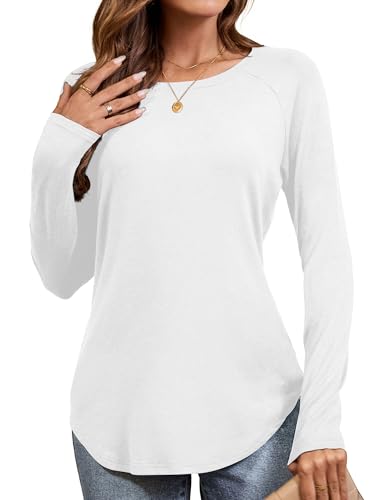 Amoretu Langarmshirt Damen Longshirt T-Shirts Basic Oversize Shirt Langarm Elegant Rundhalsausschnitt Top Weiß M von Amoretu