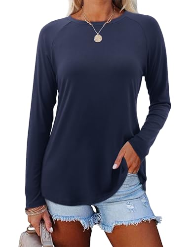 Amoretu Langarmshirt Damen Tunika Langarm Tshirt Oversize Longshirt Elegant Oberteil Blusenshirt Marineblau S von Amoretu