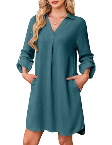 Amoretu Leinenkleid Damen Blusenkleid Knielang 3/4 Arm Lockeres Freizeit Tunikakleid (Pfauenblau, XL) von Amoretu