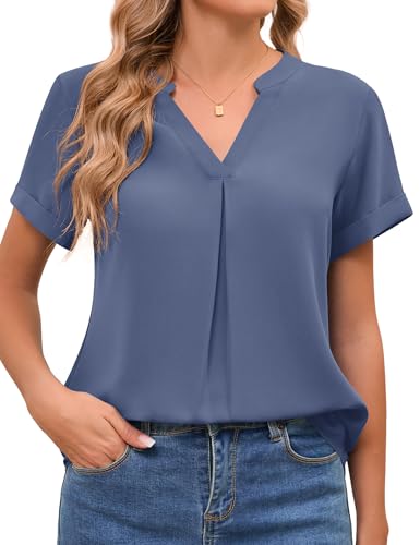Amoretu Longshirt Damen Kurzarm Damenblusen V Ausschnitt Oberteil Arbeit Hemdbluse Blau XL von Amoretu