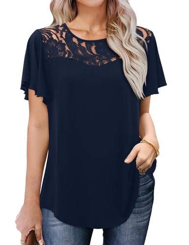Amoretu Longshirt Damen Kurzarm Lose Spitze Tops Weit Lässig Tunika Bluse Marineblau S von Amoretu