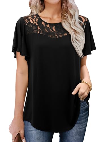 Amoretu Longshirt Damen Sommer Rundhals Tshirt Lose Spitze Tunika Tops Schwarz XXL von Amoretu