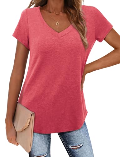 Amoretu Oberteil Damen Sommer Elegant V Ausschnitt T-Shirt Kurzarm Tunika Top Rosa L von Amoretu