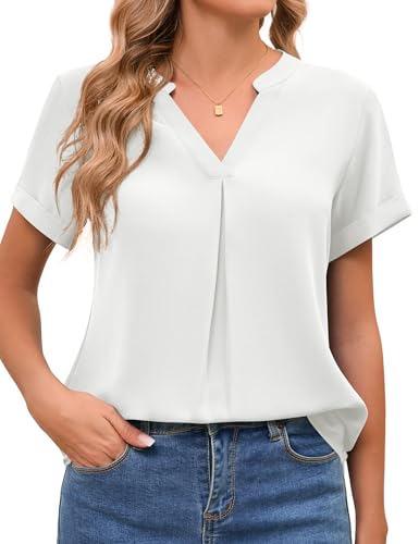 Amoretu Shirt Damen Kurzarm V Ausschnitt Chiffon Blusen Tunika Business Hemd Weiß XXL von Amoretu