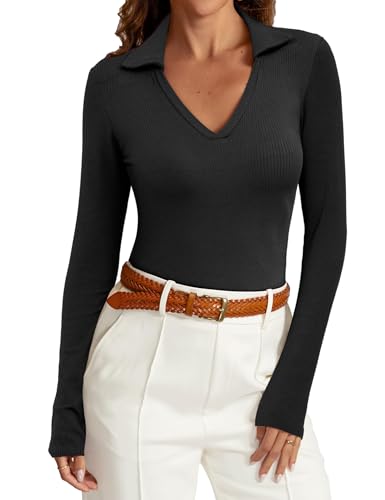 Amoretu Shirt Langarm Damen Oberteile Enges Langarmshirt Slim Fit Tunika Rippshirts Lang Top Schwarz S von Amoretu