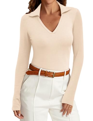 Amoretu Shirt Langarm Damen Oberteile V Ausschnitt Enges Langarmshirt Long Sleeve Shirt Women Geripptes Top Aprikose XL von Amoretu