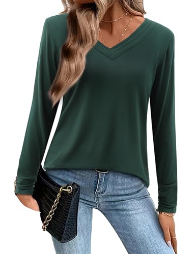 Amoretu T Shirt Damen Langarm Plissee V Ausschnitt Oberteile Elegant Bluse Long Sleeve Shirt Women Dunkelgrün M von Amoretu