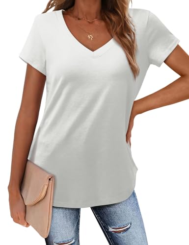 Amoretu Top Damen Sommer Kurzarm V-Ausschnitt T-Shirts Einfarbig Basic Oberteile Weiß M von Amoretu