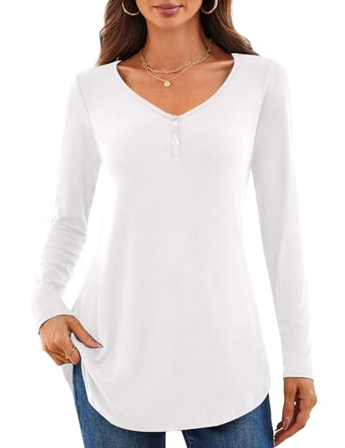 Amoretu Tshirt Damen Langarm Bluse V Ausschnitt Damenblusen Elegant Basic Oberteile Tunika Herbst Weiß XL von Amoretu