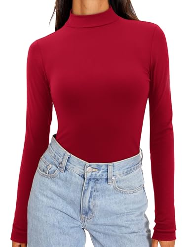 Amoretu Tshirt Damen Rollkragenpullover Langarm T Shirt Elegante Oberteile Turtleneck Tops Thermo Pullover Weinrot S von Amoretu
