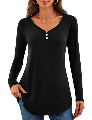 Amoretu Tshirt Damen Tunika V Ausschnitt Shirt Langarm Elegante Blusen Basic Top Oversize Bluse Schwarz S von Amoretu