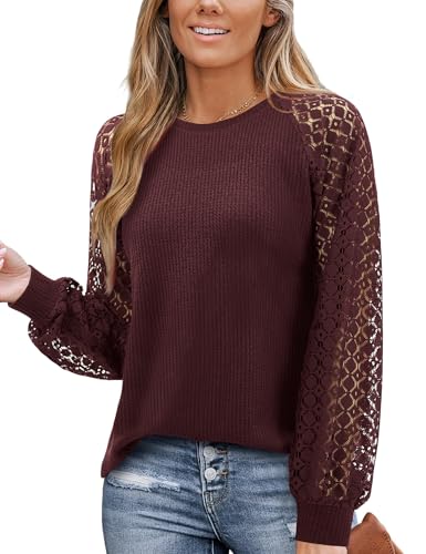 Amoretu Elegante Oberteile Damen Langarm Blusen Modern T-Shirt Long Sleeve Shirt Women Spitzentop Weinrot L von Amoretu