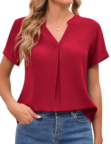 Amoretu Tunika Damen Sommer Kurzarm Blusen Elegant Lang Shirt Festliche Blusenshirt Rot M von Amoretu