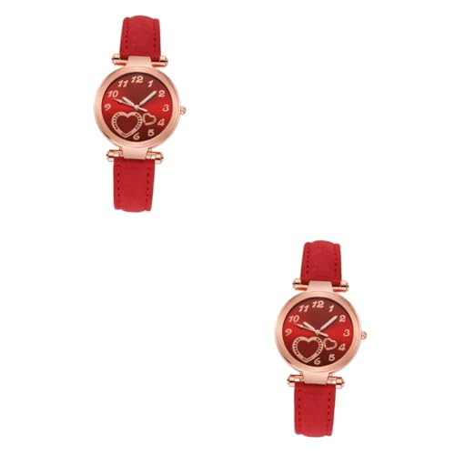 Amosfun 2stücke Elegante Damen Armbanduhr Mit Herz- Und Quarzwerk Für Alltag Und Besondere Anlässe Modisches Accessoire Mit Rotem Weichem Lederband von Amosfun