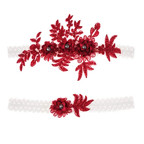 2 stücke Hochzeit Strumpfband Spitze Strass elastische brautstrumpfbänder für Brautjungfer Hochzeit zugunsten Dekoration weinrot von Amosfun