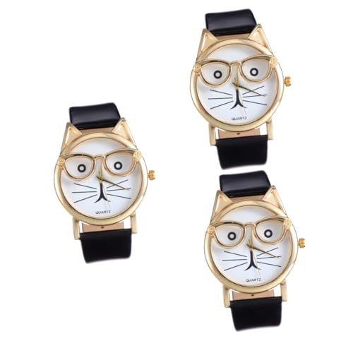 Amosfun 3stücke Katzen-Design Quartz Uhr Mit Pu-lederarmband Elegante Armbanduhr Für Junge Mädchen Und Erwachsene Casual Stil Klassisch Und Langlebig von Amosfun