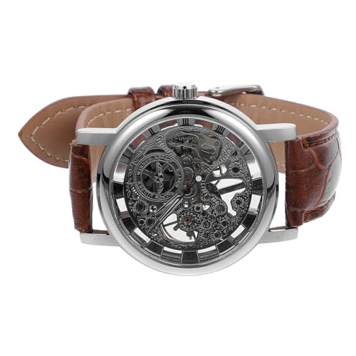 Amosfun 3stücke Winner Herren Armbanduhr Mechanische Handaufzug Uhr Mit Edelstahl-gehäuse Und Pu-Armband Silber Braun Sportlich Und Elegant Holländisches Ziffernblatt Präzise von Amosfun