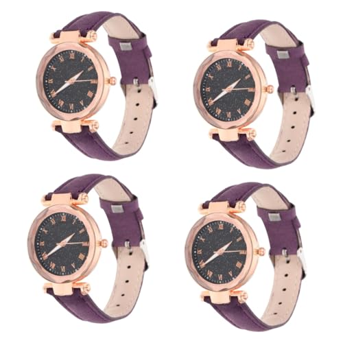 Amosfun 4-teiliges Damenuhren-Set Armbanduhr Mit Römischen Ziffern Modisches Design Leichte Armbanduhr Mit Lederarmband Für Frauen von Amosfun