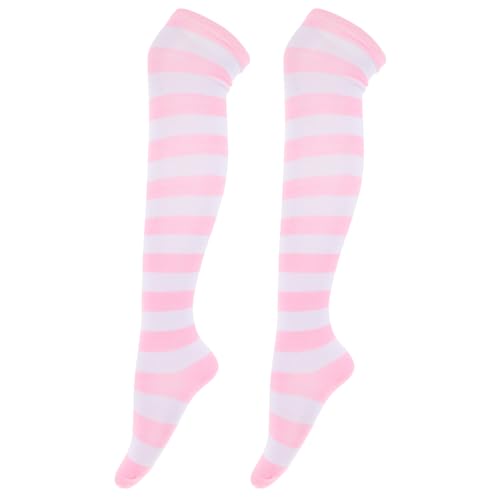 Gestreifte Strümpfe über dem Knie, Oberschenkelhohe Socken Anime Socken für Frauen Mädchen Rosa Weiß von Amosfun