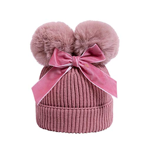 Amosfun Kinder pom pom Beanie Hut mit Schleife wintermütze für Kind Jungen mädchen Outdoor ski warme strickmütze (dunkelrosa) von Amosfun