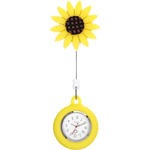 Amosfun Krankenschwester-Armbanduhr, einziehbar, mit Ansteckverschluss, für Krankenschwestern, zum Aufhängen, Quarzuhr, Brosche, Taschenuhr für Arzt (Sonnenblume) von Amosfun