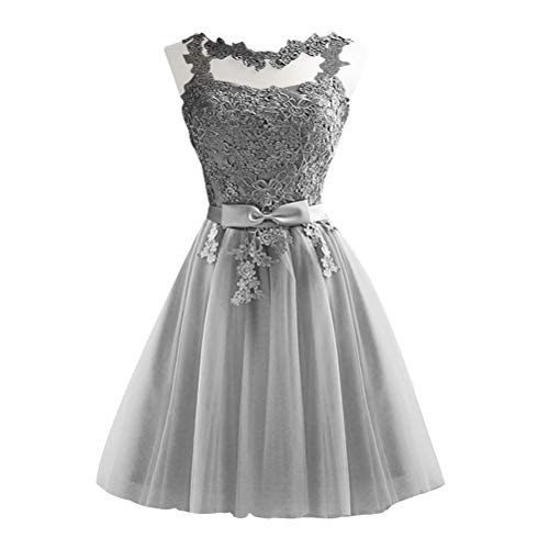 Amosfun Kurze Spitze Brautjungfernkleid Elegent Abendkleid Schlank Abendkleid Weiche ärmellose Brautkleider (Grau, Größe XL) von Amosfun