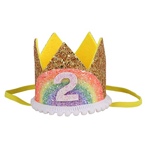 Amosfun Rainbow 2nd Birthday Crown Baby Princess Tiara Crown Headband Party Hat Toddler Birthday Party Favors (Golden and Rainbow, White Lace) von Amosfun