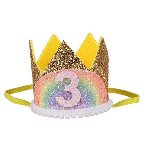 Amosfun Rainbow 3rd Birthday Crown Baby Princess Tiara Crown Headband Party Hat Toddler Birthday Party Favors (Golden and Rainbow, White Lace) von Amosfun
