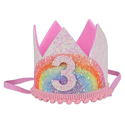 Amosfun Regenbogen 3-Geburtstagskrone Baby Prinzessin Krone Kopfband Party Hut Kleinkind Geburtstagsgeschenke Gefälligkeiten (Weiß Und Regenbogen, Rosa Spitze) von Amosfun