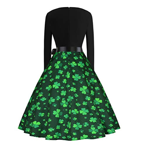 Womens Vintage St. Patricks Day Kleid Damen Langarm Klee Kleeblatt Print Kleid Schaukel Cocktailkleider von Amosfun