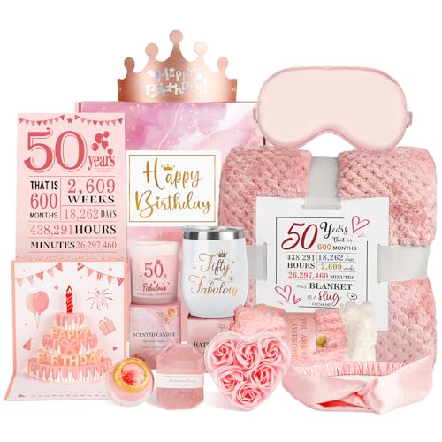 50th Geburtstagsgeschenke für Frauen, Pflege-Paket erhalten bald Geschenke für 50-Jahre alte Frau, 50 Geburtstag Box Relaxing Spa Kit mit Tumbler Decke Poster für ihre Mutter Frau Freundin Schwester von Amosking