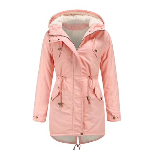 AmphaDeco Damen-Baumwolljacke, Dicker Kunstpelz-Parka, langärmelige Kapuzenjacke mit Kordelzug und Reißverschluss, winterliche warme Daunenjacke,Rosa,L von AmphaDeco