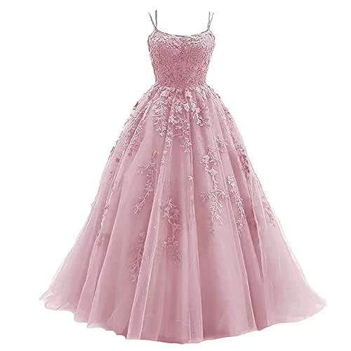 AmphaDeco Frauen Spaghetti Träger Spitze Tüll Applikationen Ballkleid, formelle Party Hochzeit Verwendung, Hochzeitskleid, Abendkleid,Rosa,M von AmphaDeco